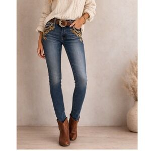 Ralph Lauren Embroidered Skinny Jeans Blue Gold 30/32 Womens Boho Western Preppy